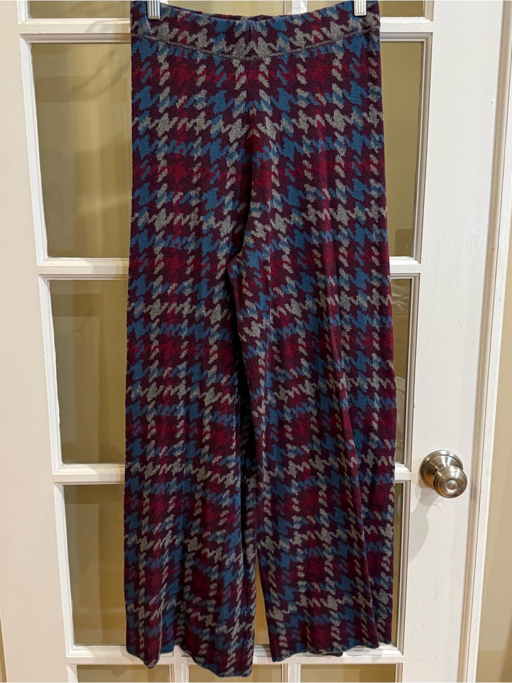 Natural Life Pants Women's Size Medium Burgundy Blue Houndstooth Plaid Wide Leg